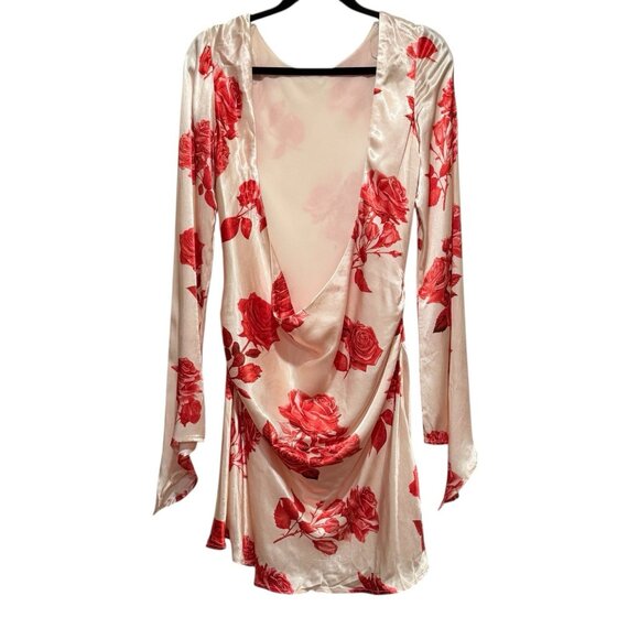 NWT Meshki Davina Satin Long Sleeve Backless Floral Red Mini Dress Womens Large - Picture 5 of 13